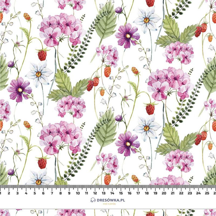 FLOWERS AND WILD STRAWBERRIES (IN THE MEADOW) - Cotton woven fabric