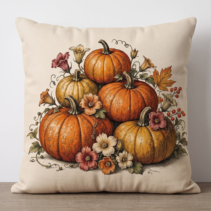 PODUSZKA 45X45 - PUMPKINS & FLOWERS - panel przód + tył