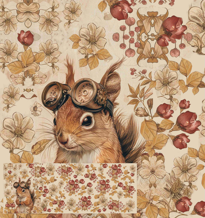 SQUIRREL STEAMPUNK FOREST - PANEL PANORAMICZNY (60cm x 135cm) muślin bawełniany