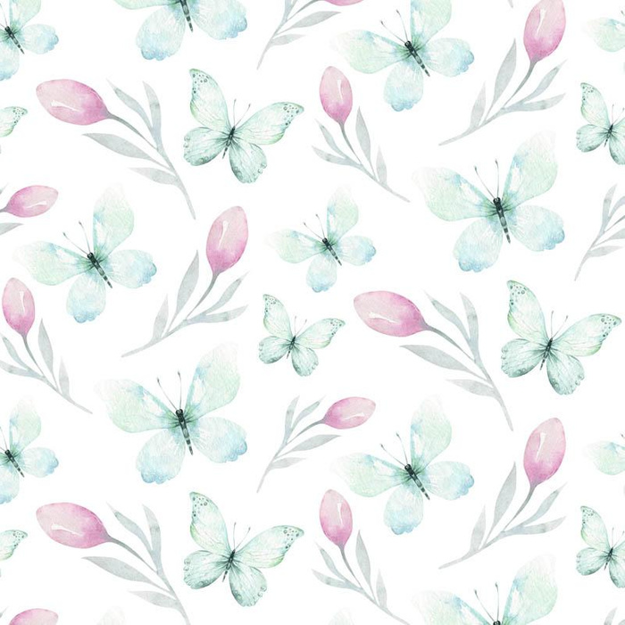 SCHMETTERLINGE UND TULPEN (AQUARELL-SCHMETTERLINGE) - Baumwoll Musselin