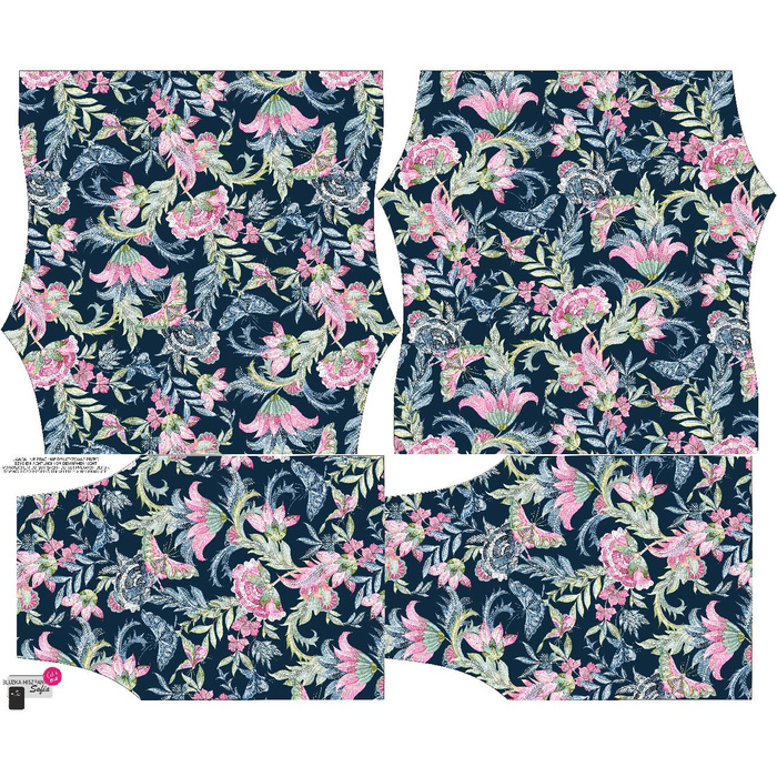 Bardot neckline blouse (SOFIA) - FLOWERS AND BUTTERFLIES / navy - sewing set XXL