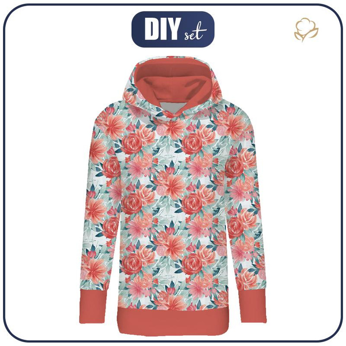 BLUZA DAMSKA (MEGI) - DŁUGA Z KAPTUREM - RÓŻE I PIWONIE wz. 2 -  dzianina pętelkowa XXXL