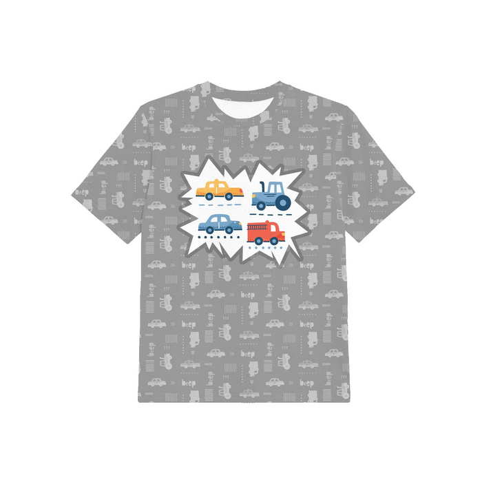 KID’S T-SHIRT - VEHICLES pat. 2 / white (ADVENTURE BEGINS) - single jersey (104/110)