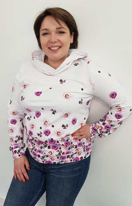 BLUZA DAMSKA (POLA) CLASSIC Z KAPTUREM - KWIATY I KONICZYNY (NA ŁĄCE) -  dzianina pętelkowa  L