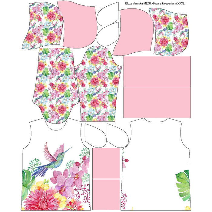 BLUZA DAMSKA (MEGI) - DŁUGA Z KAPTUREM - KOLIBRY I KWIATY Wz. 2 - dzianina pętelkowa XXXL