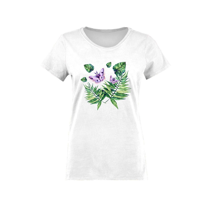 T-SHIRT DAMSKI - MINI LIŚCIE I OWADY WZ. 4 (TROPIKALNA NATURA) / biały - single jersey L