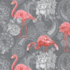 FLAMINGOS UND ROSEN / grau - Wasserabweisende Webware