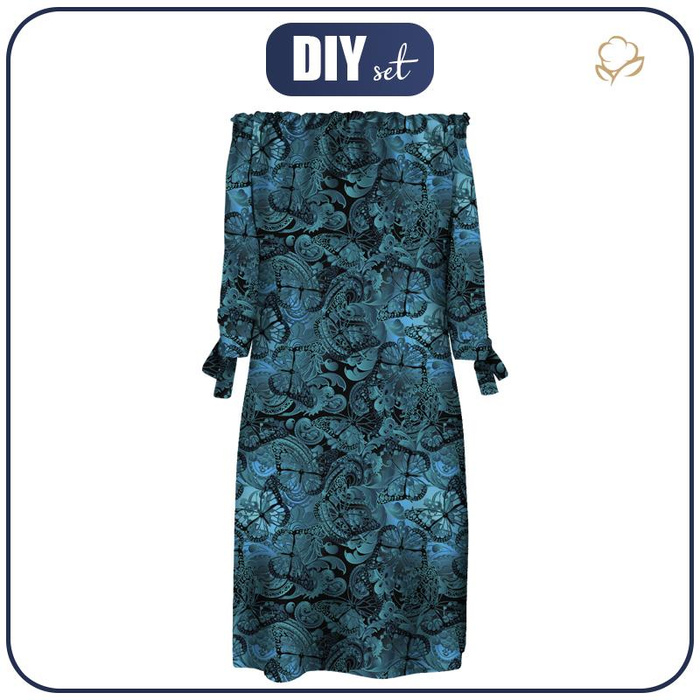 DRESS "CARMEN" - LACE BUTTERFLIES / blue - sewing set