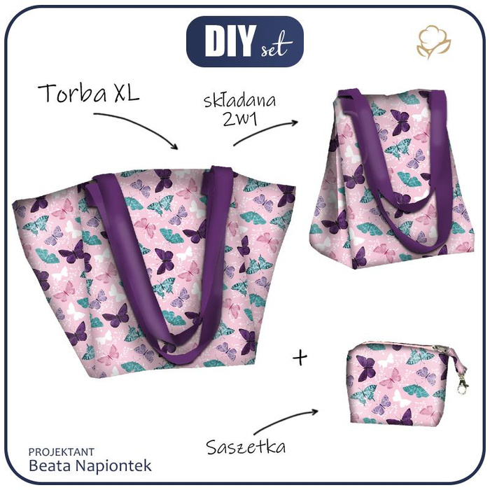 XL Tasche mit Utensilientasche 2 in 1 - SCHMETTERLINGE M. 5 / rosa (PURPUR SCHMETTERLINGE) - Nähset