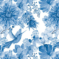 KOLIBŘÍCI A KVĚTY (CLASSIC BLUE) - tkanina HOME DECOR PREMIUM