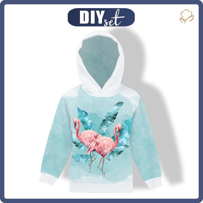 KID'S HOODIE (ALEX) - FLAMINGOS pat. 2 / white - looped knit fabric (158/164)
