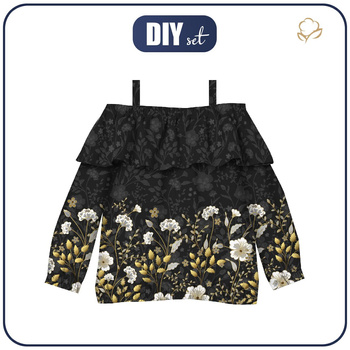 Bardot neckline blouse (VIKI) - FLOWERS (pattern no. 8) / black - sewing set - 146-152