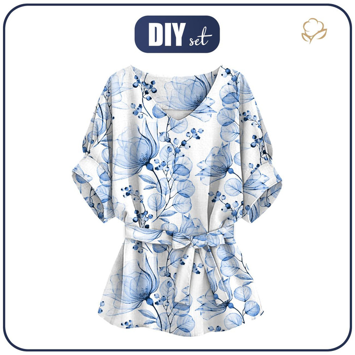 BLUZKA TYPU KIMONO - KWIATY wz. 4 (classic blue) - zestaw do uszycia XXL-XXXL