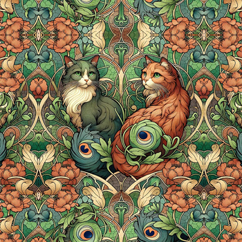 ART NOUVEAU CATS & FLOWERS WZ. 3 - PANEL (75cm x 80cm) dzianina drapana z elastanem ITY
