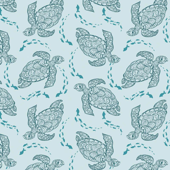 SCHILDKRÖTEN UND FISCHSCHWARM (BLAUER PLANET) - Baumwoll Webware