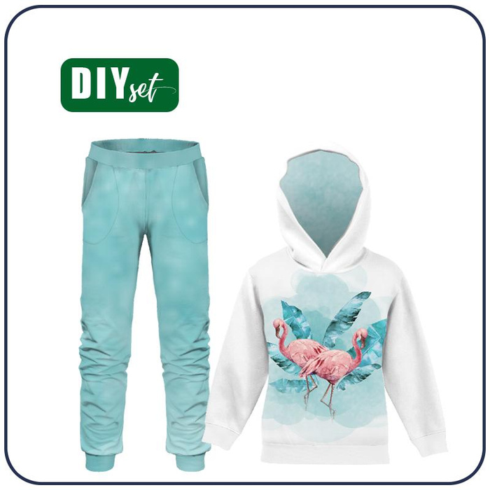 Children's tracksuit (OSLO) - FLAMINGOS pat. 2 / white - looped knit fabric (134/140)