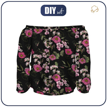 Carmenausschnitt Bluse (SOFIA) - ROSA BLUMEN M. 2 - Nähset L