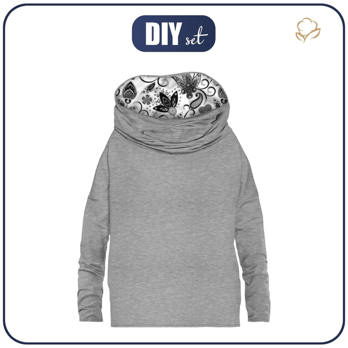 BLUZA DAMSKA (FURIA) NIETOPERZ Z KOMINEM - MELANŻ JASNOSZARY / kwiaty (wzór 2 szary) - zestaw do uszycia L