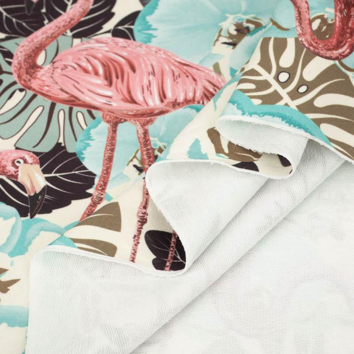 FLAMINGOS AND  MONSTERAS - looped knit fabric
