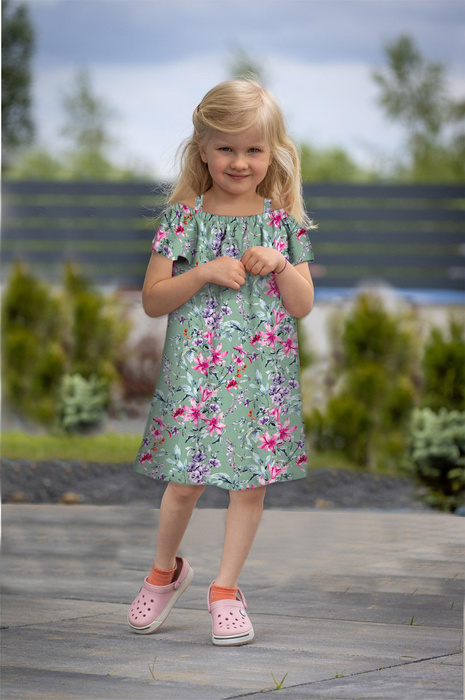 Bardot neckline dress (LILI) - PINK FLOWERS (IN THE MEADOW) - sewing set - 146-152