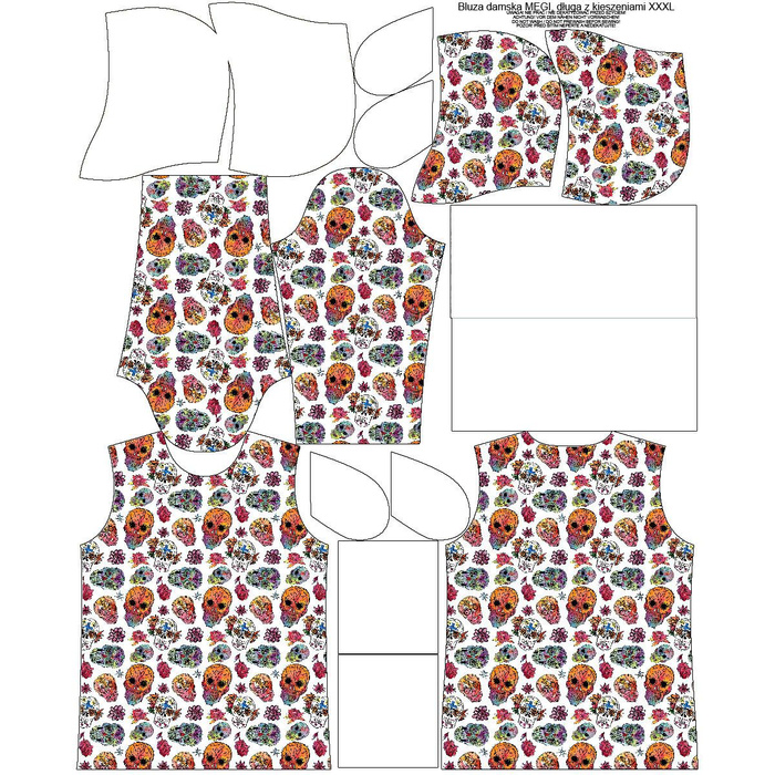 BLUZA DAMSKA (MEGI) - DŁUGA Z KAPTUREM - CZACHY wz. 3 / biały (DIA DE LOS MUERTOS) -  dzianina pętelkowa XXXL