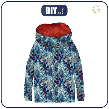 BLUZA DAMSKA (FURIA) NIETOPERZ Z KOMINEM - NIEBIESKIE LIŚCIE (VINTAGE) - dzianina pętelkowa XXXL