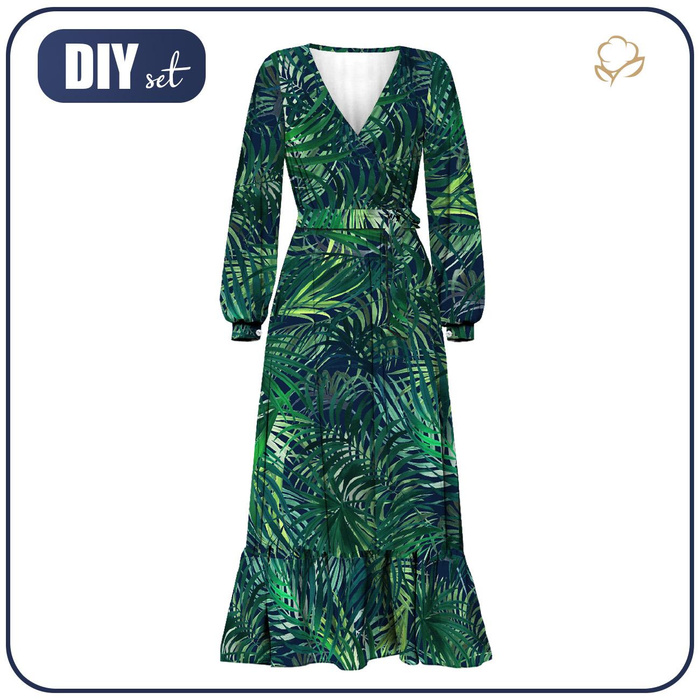 WRAP FLOUNCED DRESS (ABELLA) - PALM LEAVES pat. 5 / black - sewing set  M