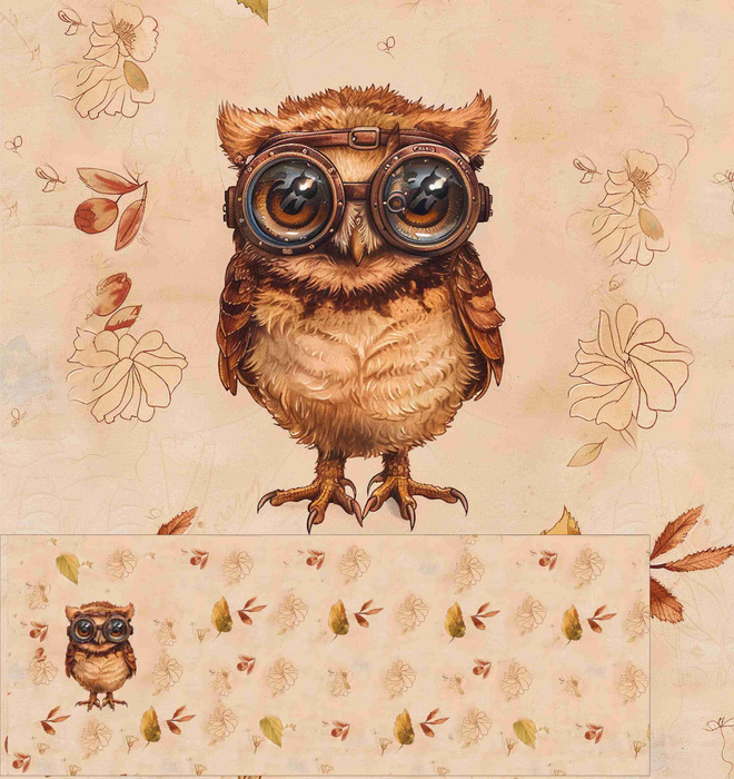 OWL STEAMPUNK FOREST PAT. 1 - PANORAMIC PANEL (60cm x 140cm) Viscose jersey 