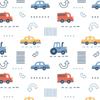 VEHICLES pat. 2 / white (ADVENTURE BEGINS) - Cotton woven fabric