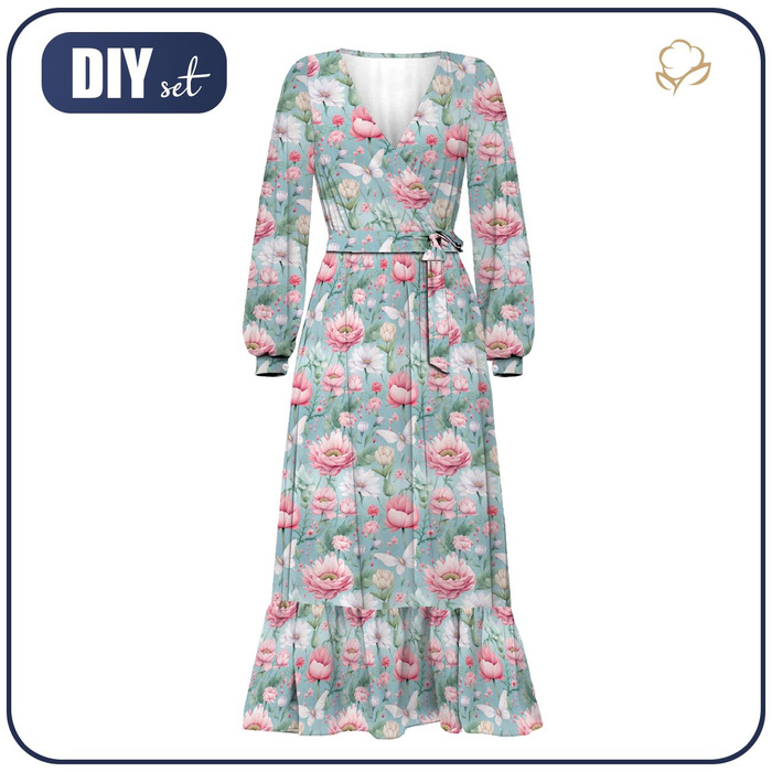 WRAP FLOUNCED DRESS "ABELLA" (XXL) - FAIRY WORLD pat.11 (FLOWERS) - sewing set 
