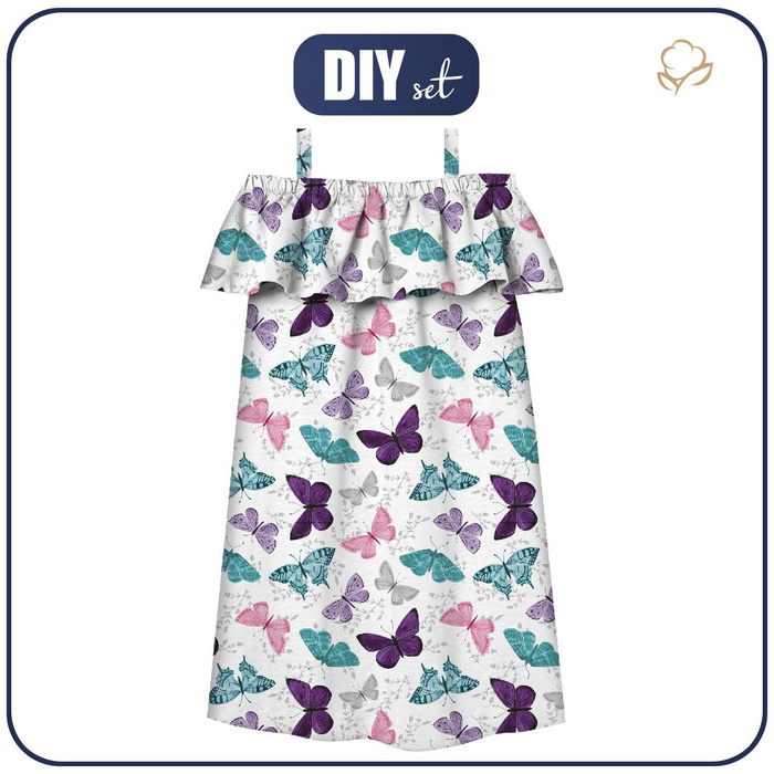 Bardot šaty (LILI) - MOTÝLI VZ. 5 / bílá (PURPUROVÍ MOTÝLI) - Sada šití - 98-104