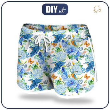 Women’s boardshorts - KINGFISHERS AND LILACS (KINGFISHERS IN THE MEADOW) / white L