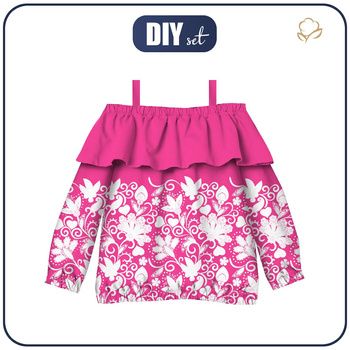Bardot neckline blouse (VIKI) - FLOWERS (pattern no. 2 white) / fuchsie - sewing set - 146-152
