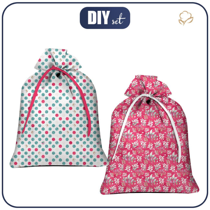 Gift pouches - GLITTER DOTS PAT 3 / LEAVES pat 16 - sewing set - SMALL