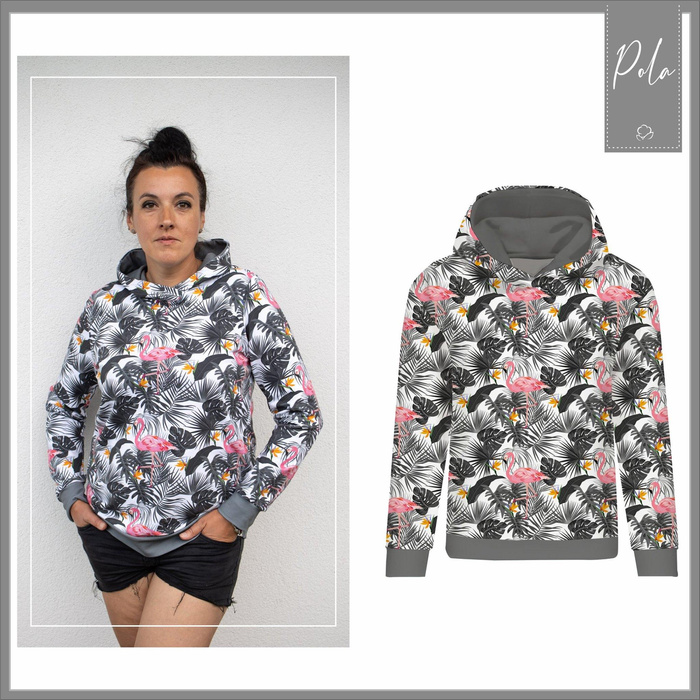 CLASSIC WOMEN’S HOODIE (POLA) - KINGFISHERS AND LILACS (KINGFISHERS IN THE MEADOW) / white - looped knit fabric - L