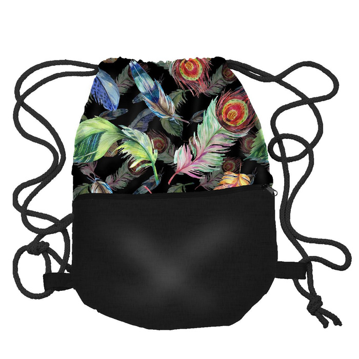 GYM BAG WITH POCKET - PEACOCK FEATHERS / black - sewing set