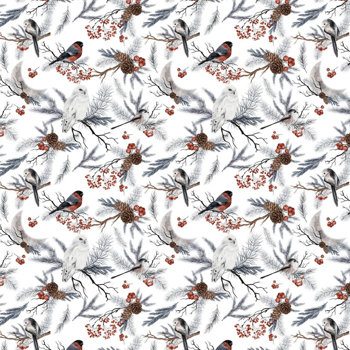 WINTER BIRDS pat. 1 (WINTER IN PARK) - Woven Fabric for tablecloths