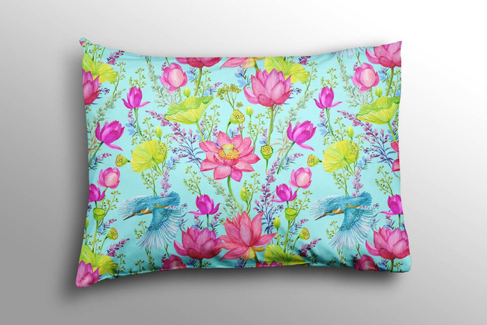 KINGFISHERS AND POPPIES (KINGFISHERS IN THE MEADOW) / aqua- Upholstery velour