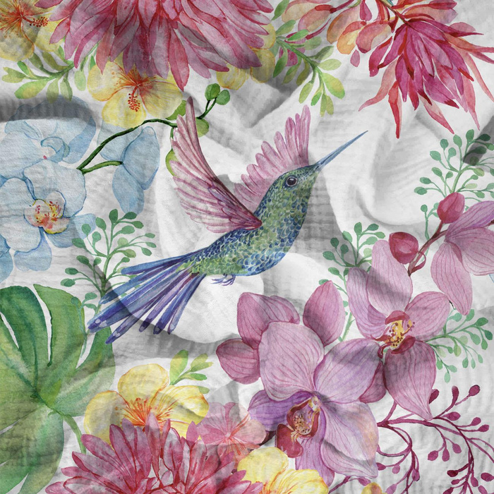 HUMMINGBIRDS AND FLOWERS - Cotton muslin