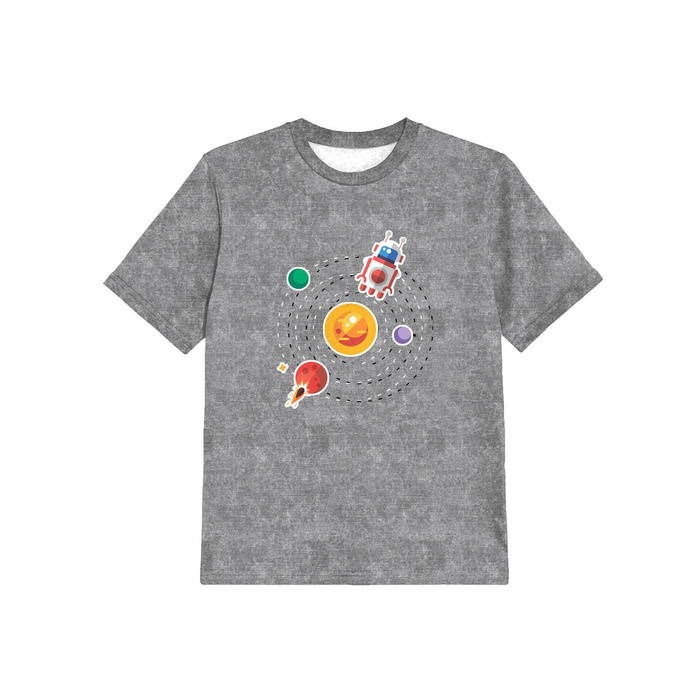 T-SHIRT DZIECIĘCY - UKŁAD SŁONECZNY (WYPRAWA W KOSMOS) / ACID WASH SZARY - single jersey (104/110)