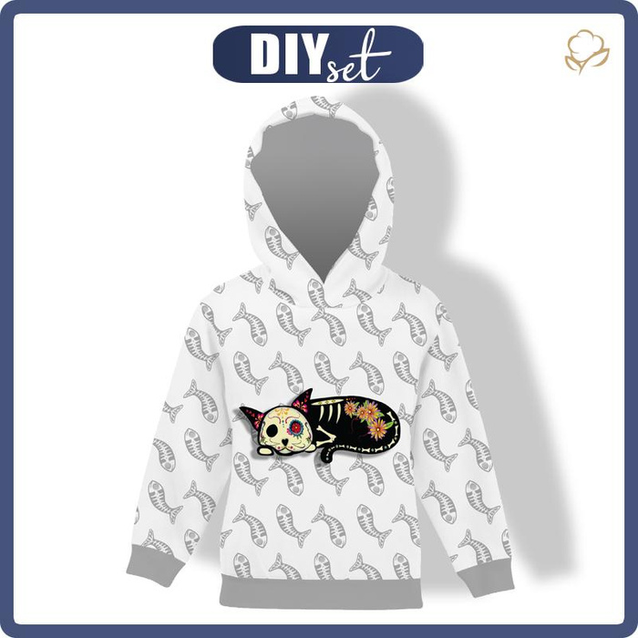 KID'S HOODIE (ALEX) - SLEEPING CAT CARLA (DIA DE LOS MUERTOS) - looped knit fabric (146/152)