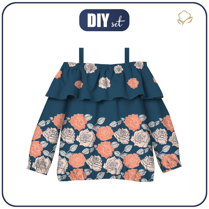 Bardot neckline blouse (VIKI) - PASTEL ROSES pat. 3 - sewing set - 146-152