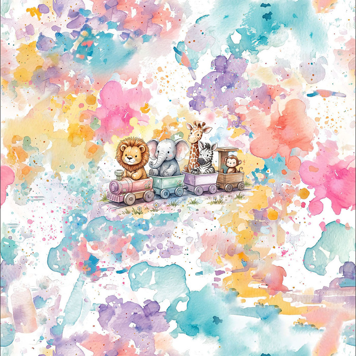 CUTE TRAIN WITH ANIMALS - panel (60cm x 50cm)  Cotton woven fabric