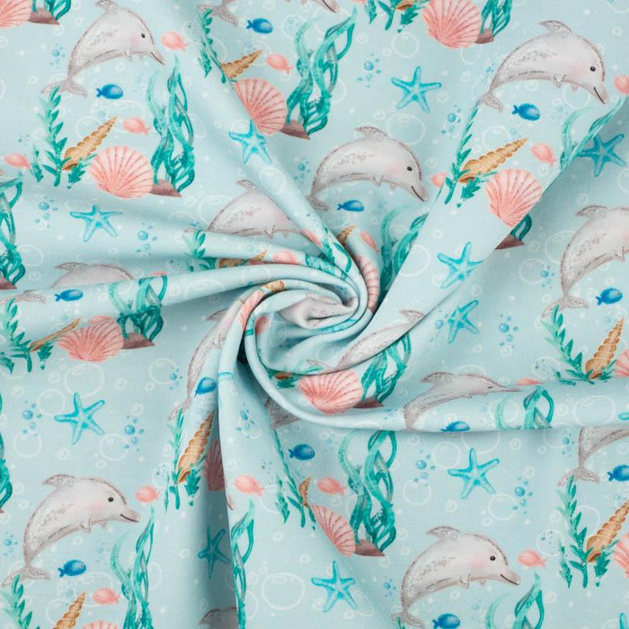 DOLPHINS pat. 2 (MAGICAL OCEAN) / aqua - Waterproof woven fabric