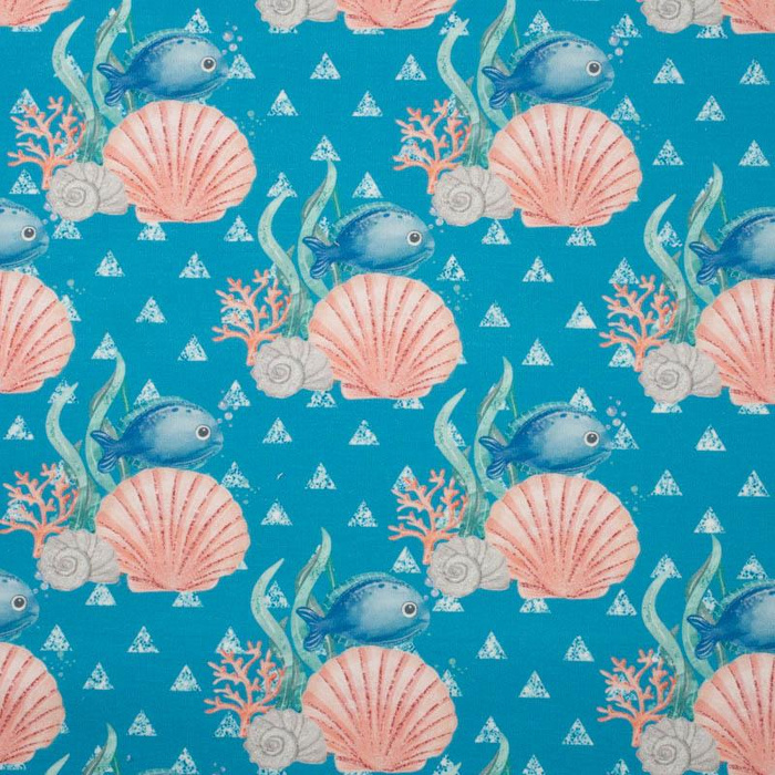 FISH AND SHELLS (MAGICAL OCEAN) / blue - Cotton woven fabric