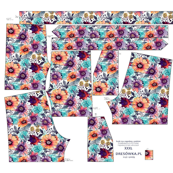 SZORTY PAPERBAG - AKWARELOWE KWIATY wz. 6 - zestaw do uszycia XS