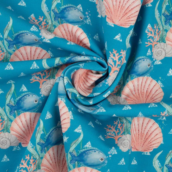 FISH AND SHELLS (MAGICAL OCEAN) / blue - Cotton woven fabric