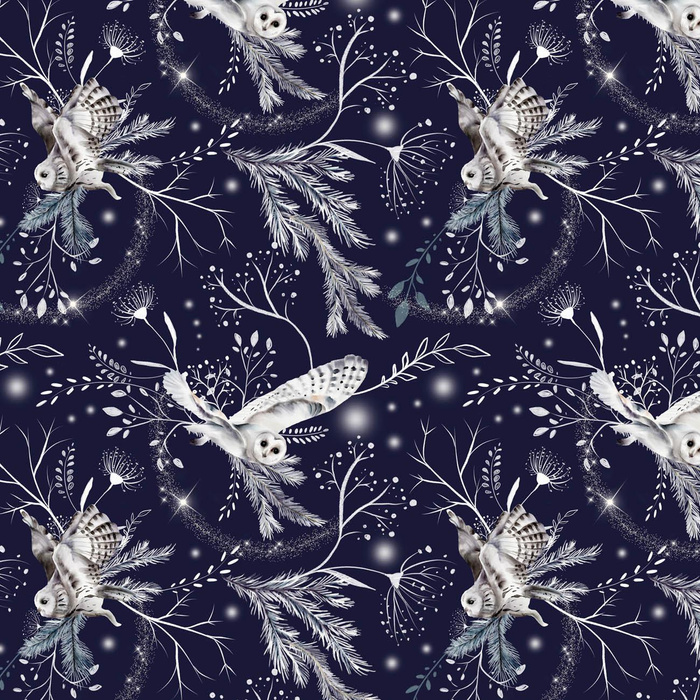 WINTER OWLS / dark blue (WINTER IN PARK) - Waterproof woven fabric