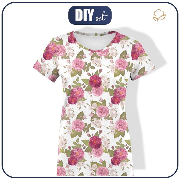 T-SHIRT DAMSKI - RÓŻANY OGRÓD / biały - single jersey XXXL