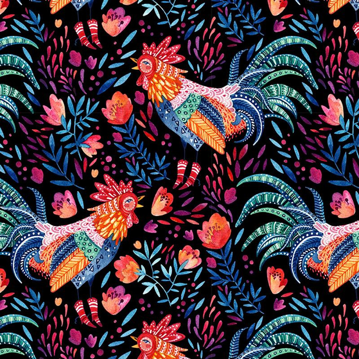 ROOSTERS / black - Waterproof woven fabric